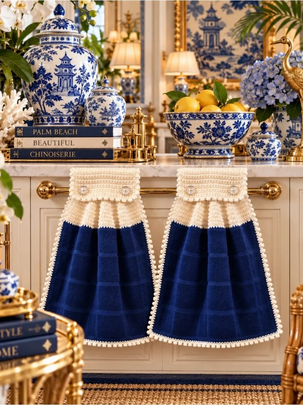 Navy & White Crochet Hanging Kitchen Towels Pair Mellow Buff